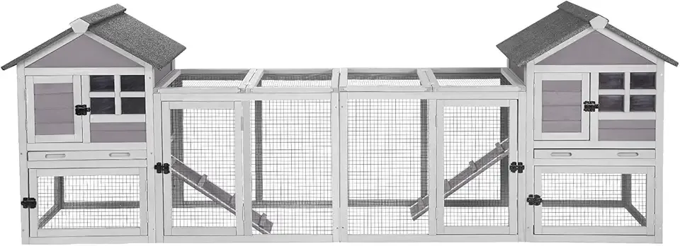 Aivituvin 103.2" L Rabbit Hutch Indoor Outdoor Bunny Cage with Run,Guinea Pig House Pull Out Upper Tray (103.2" L x 25.2" W x 36.2" H, Grey-2 Sets)