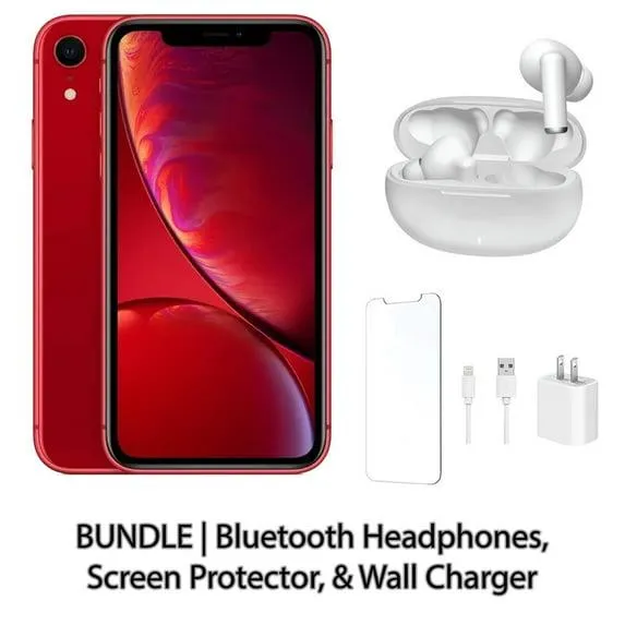 Restored Apple iPhone XR 64GB Red Fully Unlocked Bundle: Bluetooth Headphones, Screen Protector, & Wall Charger (Refurbished)