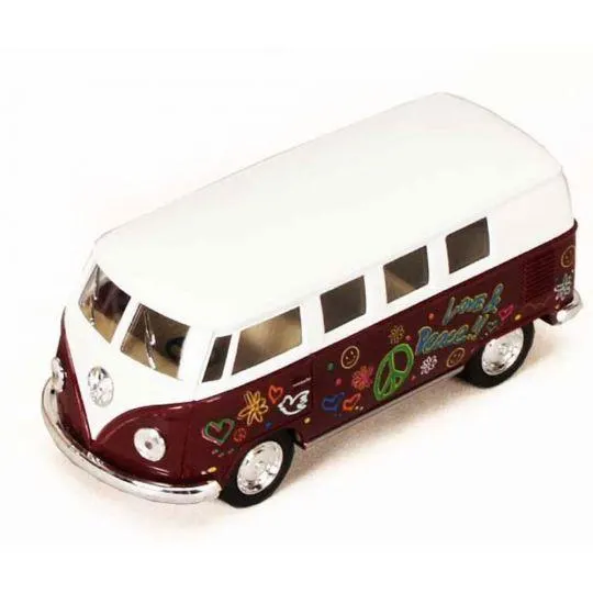 RI Novelty - Pull Back Die-Cast Metal Vehicle - 1962 VW FLOWER POWER BUS (Maroon)(5 inch) 1:32 Scale