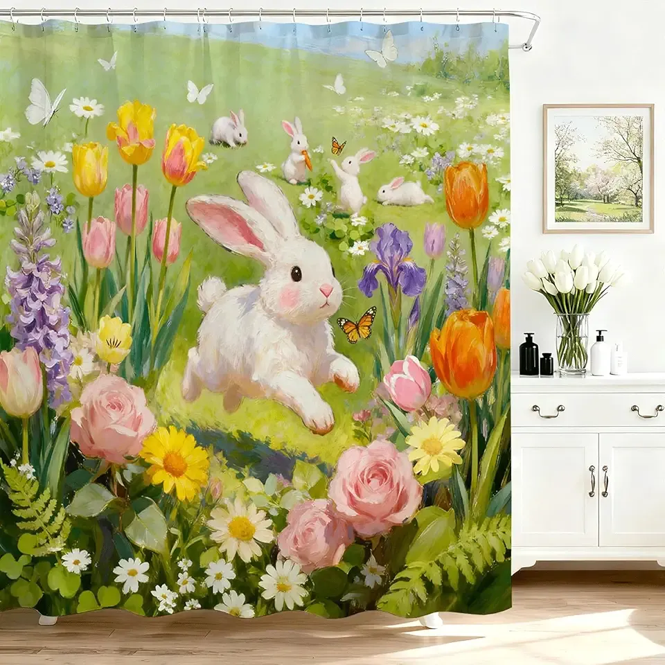 Mocsicka Spring Easter Shower Curtain for Bathroom Cute Bunny Floral Shower Curtain for Spring Easter Decor Waterproof Bath Curtain 72 X 72 Inch