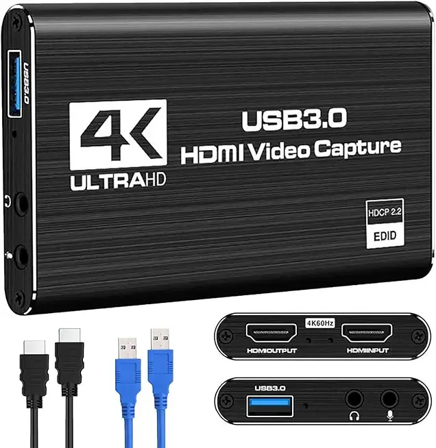 HDMI Video Capture Card 1080P 60FPS, USB 3.0 Game Capture Device, Compact & Portable for Streaming, Gaming, and Meetings, Compatible with Switch/PS4/PS5/PC/Laptop/OBS, Black