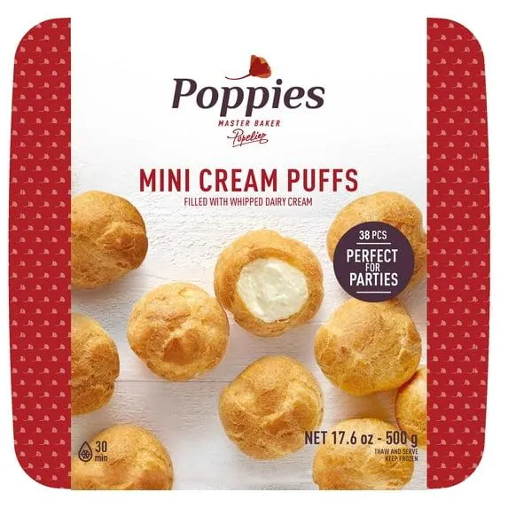 Poppies Mini Cream Puffs, Ready-to-Eat Pastry Filled with Rich Vanilla Dairy Cream, 17.6 oz (Frozen)