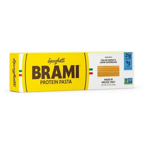 Brami Spaghetti High Protein Pasta, Made in Italy, 21g Protein, High Fiber, Low Carb Vs. Regular Pasta Noodles, Durum Wheat Plus Lupini Beans, Bronze Cut Shelf-Stable Noodles, 14.5 oz Box