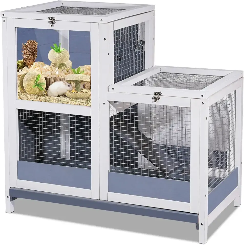2-Story Guinea Pig Cages Wooden Indoor Rabbit Hutch Hamster Cage with Openable Roofs, Removable Tray and Wide Ramp, Small Animal Habitats for Hamsters, Guinea Pig, Ferrets, Hedgehog