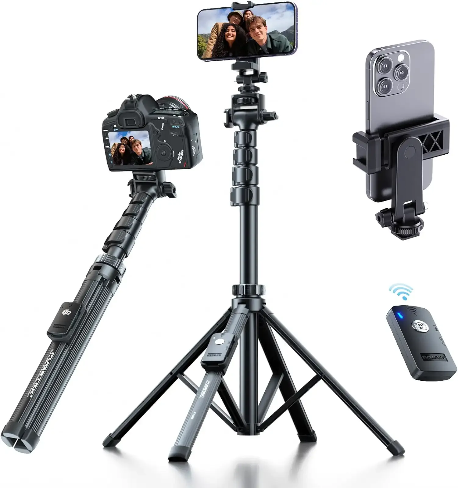 Fugetek 62" Professional Cell Phone Tripod, Ultra Stable 4 Leg Design, Bluetooth Remote, 100% All Aluminum Stick & Legs, Portable All in One, 360° Phone Mount with 2 Cold Shoe Slots, Non Skid Feet