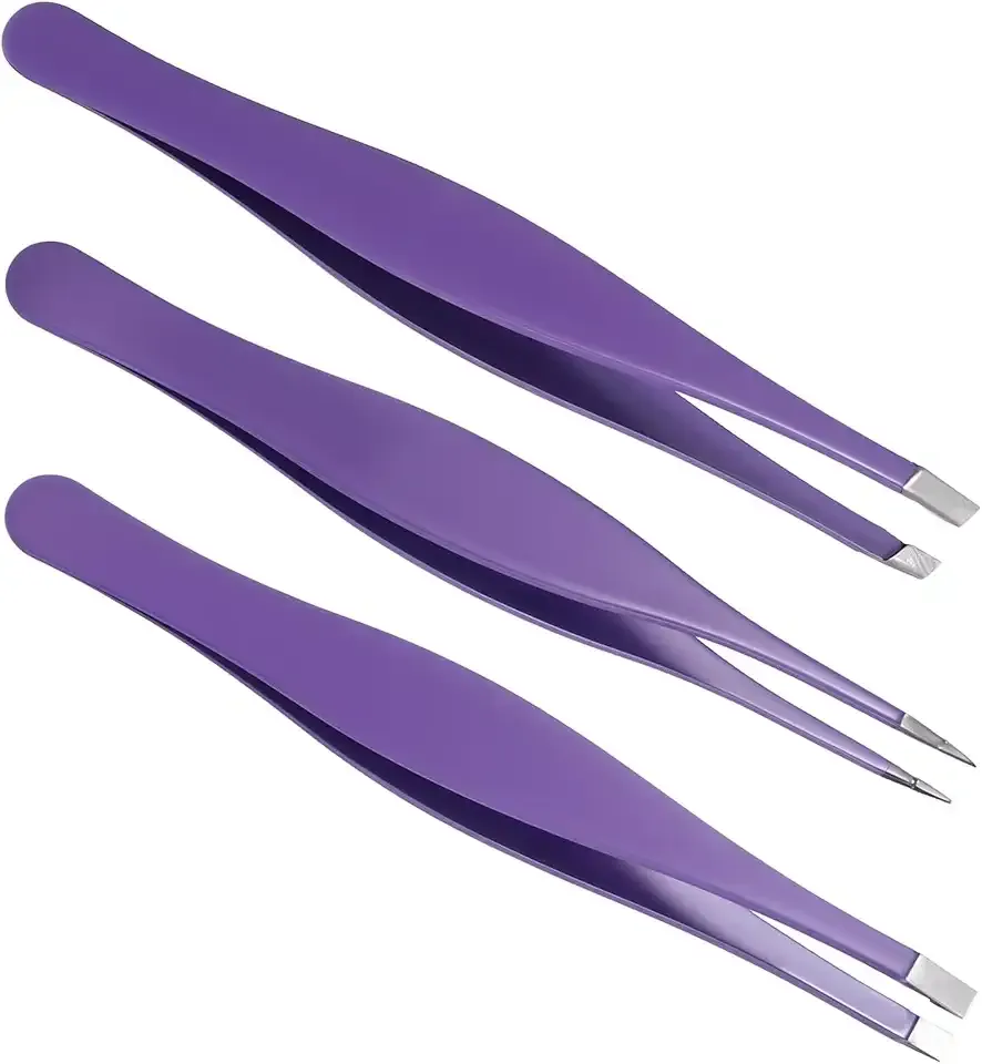 3Pcs Stainless Steel Pointy Tweezers Set, Needle Nose Tweezer for Ingrown Hair and Splinter Removal, Fine Point Tweezers for Precision Eyebrow Grooming(Purple)